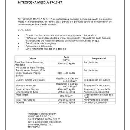 Nitrofoska - Mezcla 17-17-17 – Crecimiento y Desarrollo Equilibrado