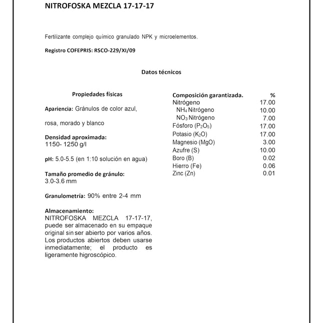 Nitrofoska - Mezcla 17-17-17 – Crecimiento y Desarrollo Equilibrado